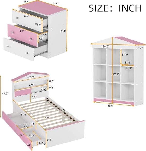 Polibi 3Pcs Bedroom Set with Bookshelf and Nightstand - Image 3