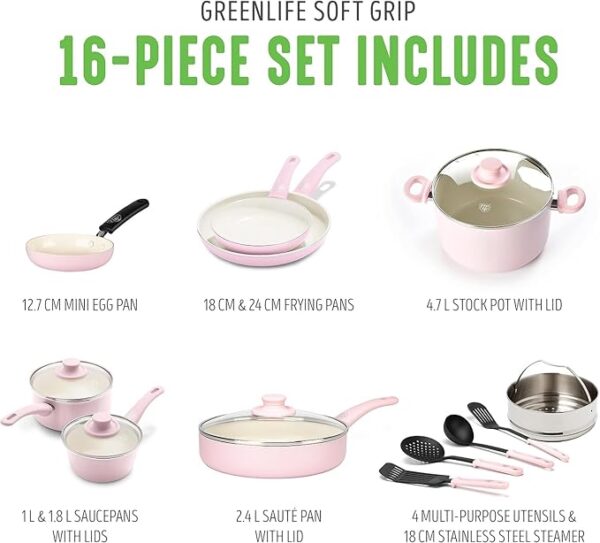 GreenLife Soft Grip 16 Piece Cookware Set, Non-Toxic PFAS-Free Ceramic - Image 2