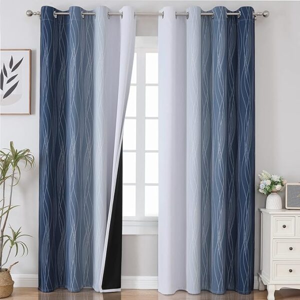 Estelar Textiler Navy Blue and Greyish White Blackout Curtains for Bedroom
