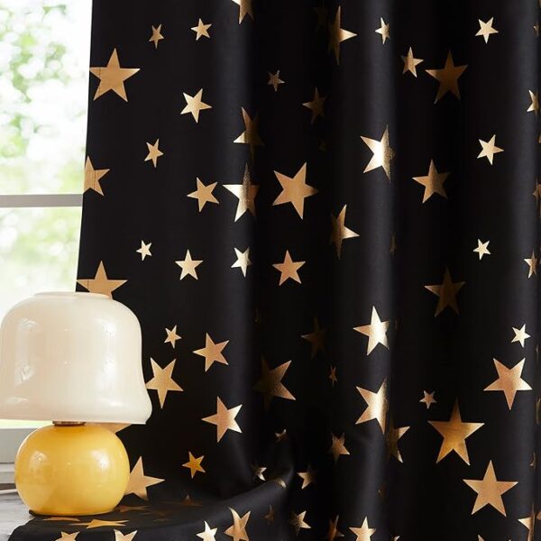 Star Blackout Curtains for Kids Bedroom Black Thermal Insulated Metallic Gold Star Printed 100% True Blackout Curtain - Image 2