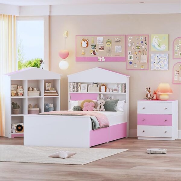 Polibi 3Pcs Bedroom Set with Bookshelf and Nightstand
