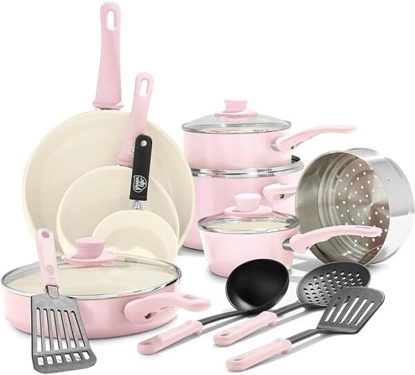 GreenLife Soft Grip 16 Piece Cookware Set, Non-Toxic PFAS-Free Ceramic