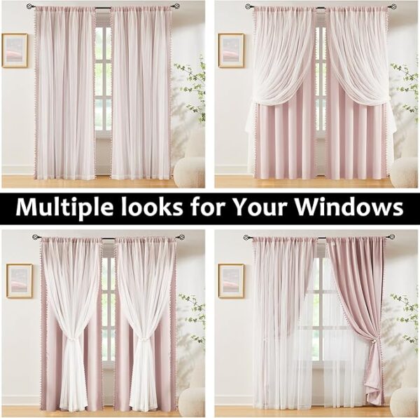 Pink Blackout Curtains with Sheer Overlay for Bedroom - Image 2