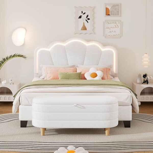 Full Size Upholstered Platform Bed with LED Light and Storage Ottoman