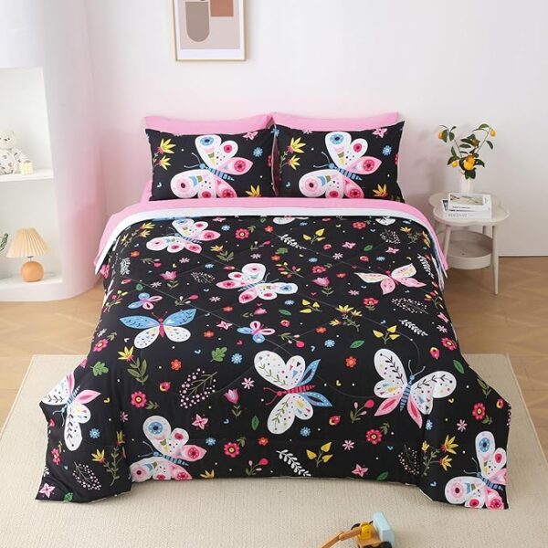 Girls Butterfly Comforter Set Twin Size Black 7 Piece - Image 2