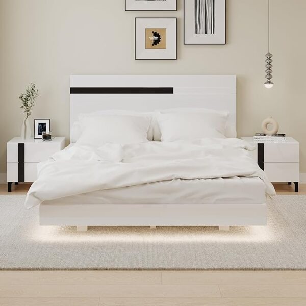 Modern High Gloss 3-Piece Bedroom Set Floating Bed Frame