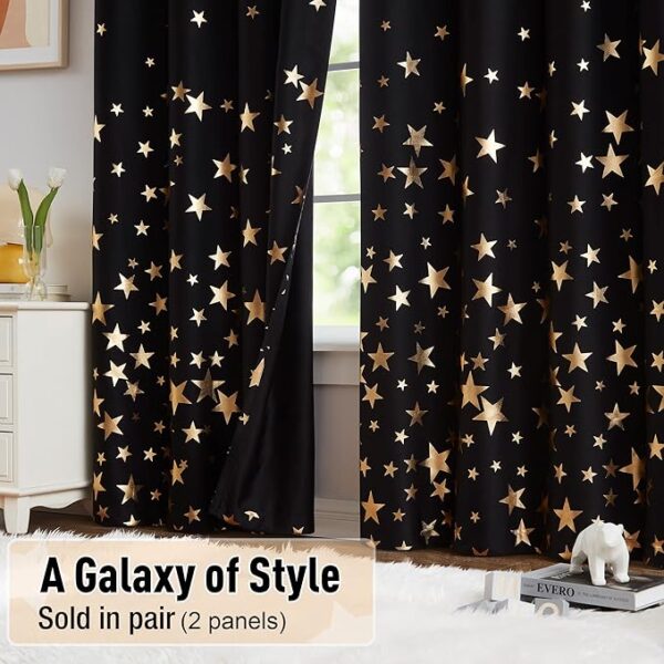 Star Blackout Curtains for Kids Bedroom Black Thermal Insulated Metallic Gold Star Printed 100% True Blackout Curtain - Image 3