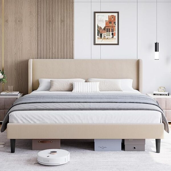 IDEALHOUSE Queen Upholstered Bed Frame with Wingback Headboard