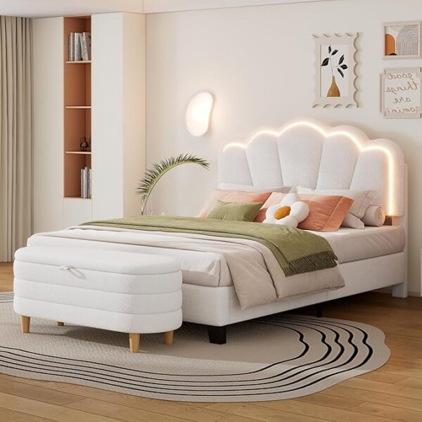 Full Size Upholstered Platform Bed with LED Light and Storage Ottoman - Image 2