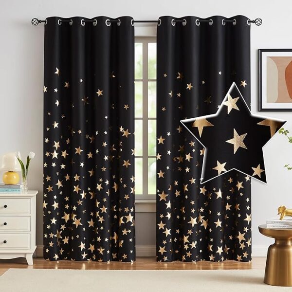 Star Blackout Curtains for Kids Bedroom Black Thermal Insulated Metallic Gold Star Printed 100% True Blackout Curtain