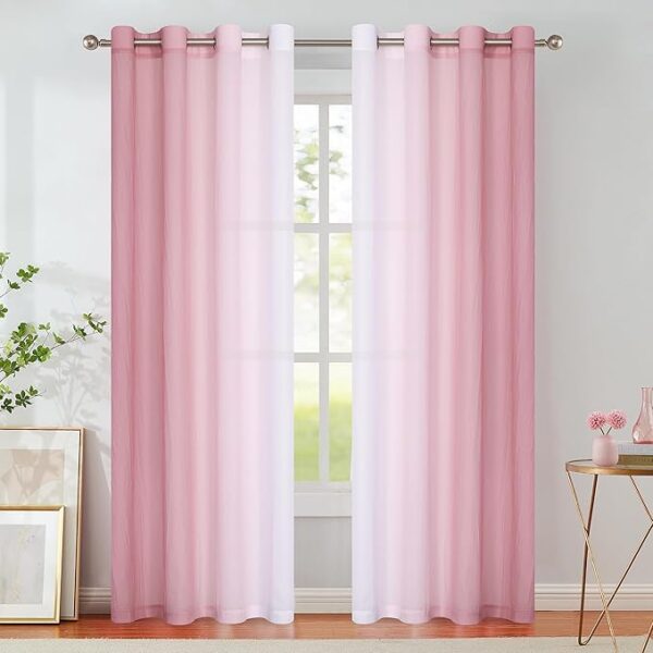 Pink Ombre Chiffon Sheer Curtains 84 Inch Long for Living Room Bedroom Decor