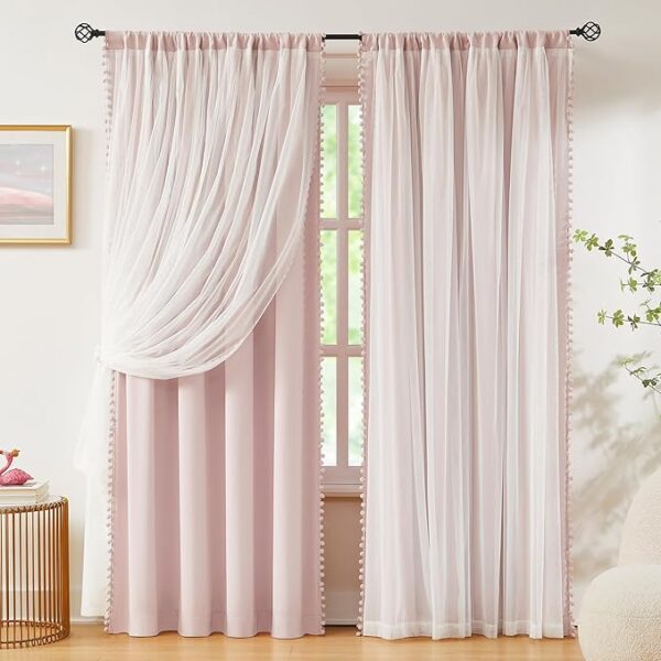 Pink Blackout Curtains with Sheer Overlay for Bedroom