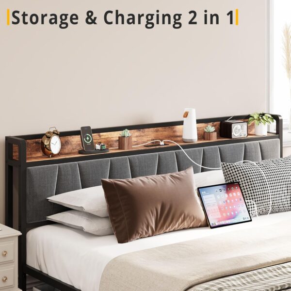 LIKIMIO Queen Bed Frame, Storage Headboard with Charging Station - Image 2