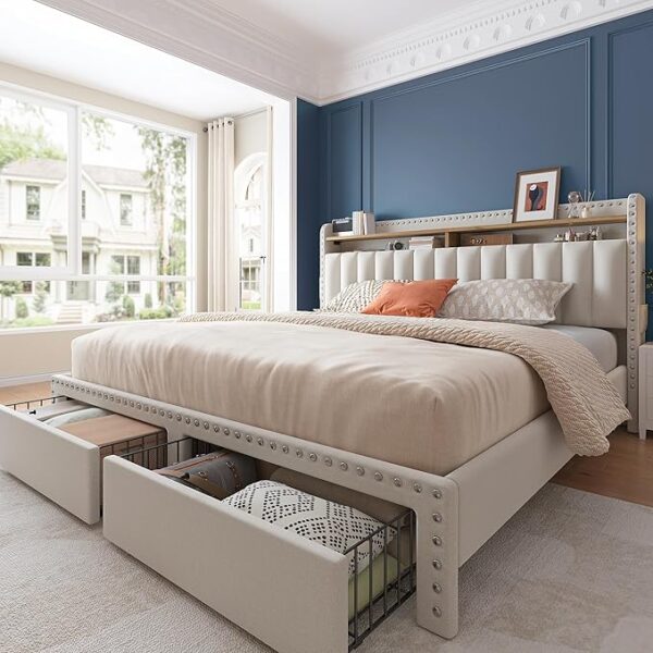 EnHomee Queen Bed Frame with Headboard and Storage