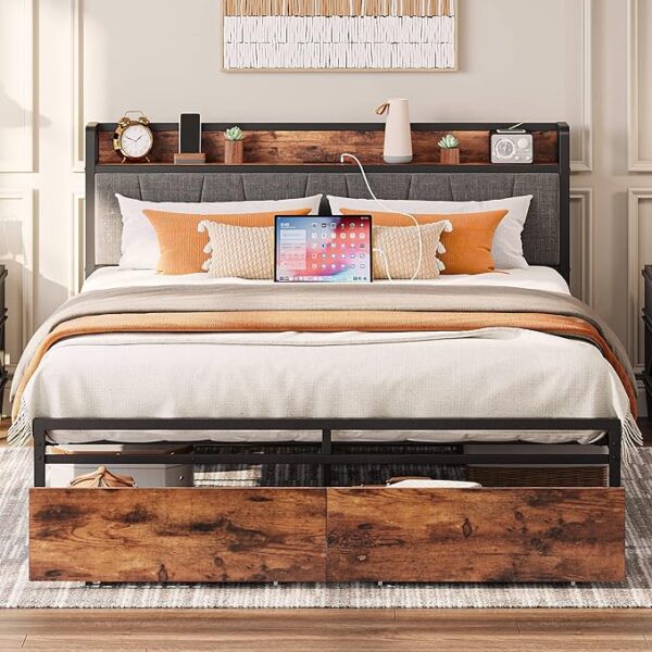 LIKIMIO Queen Bed Frame, Storage Headboard with Charging Station