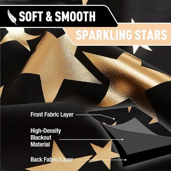 Star Blackout Curtains for Kids Bedroom Black Thermal Insulated Metallic Gold Star Printed 100% True Blackout Curtain - Image 4