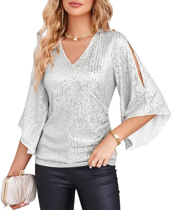 GRACE KARIN Womens Sequin Tops 3/4 Sleeve Glitter Sparkly Party Blouse