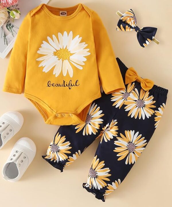 Fullfamous Baby Girl's 3pc Frill Long Sleeve Romper and Pant Set - Image 4