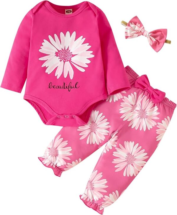Fullfamous Baby Girl's 3pc Frill Long Sleeve Romper and Pant Set - Image 2