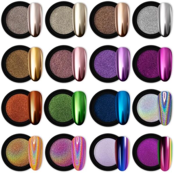 Artdone 16 Jars Chrome Nail Powder Art Glitter Decoration Metallic Mirror Effect
